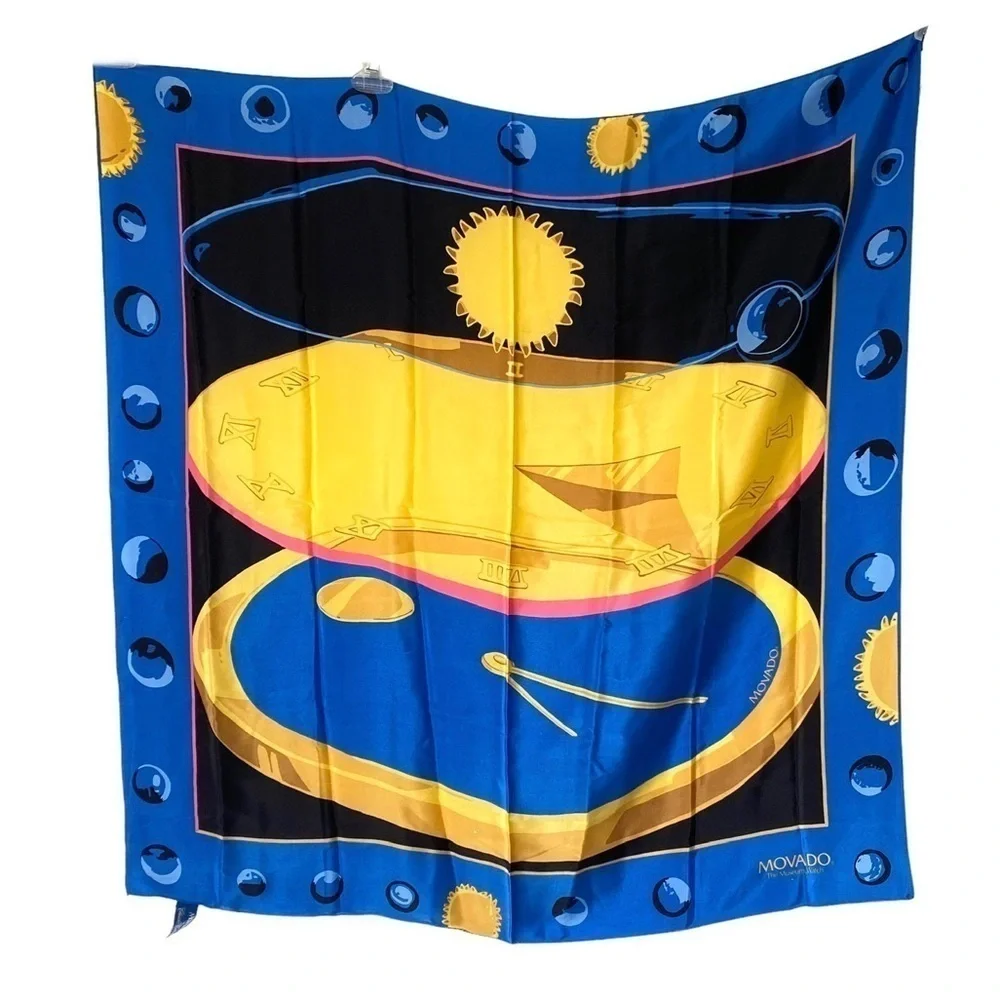 MOVADO 100% Silk Scarf The Museum Watch‎ Face Stopwatch Celestial Sun Moon Stars